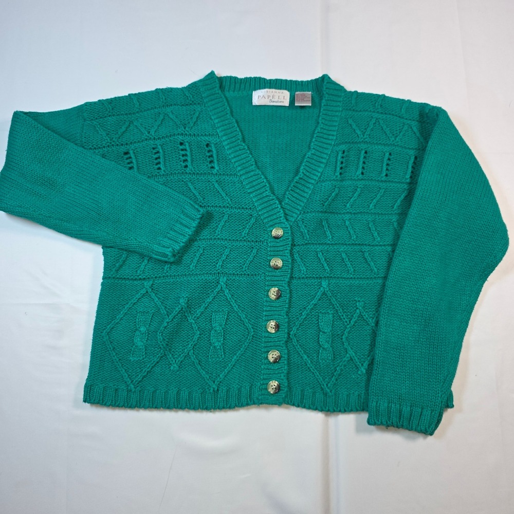Vintage Adrianna Papell‎ Cardigan Sweater M Teal Cable Knit Ramie Cotton 80s 90s